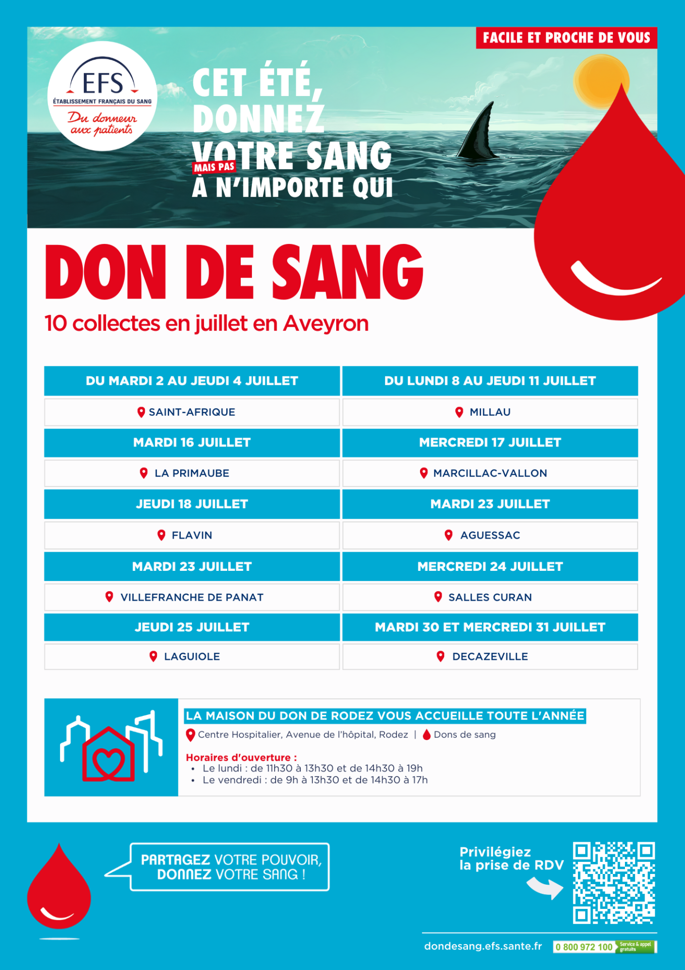 Lire la suite à propos de l’article Etablissement français du sang – les collectes de sang du mois de Juillet en Aveyron